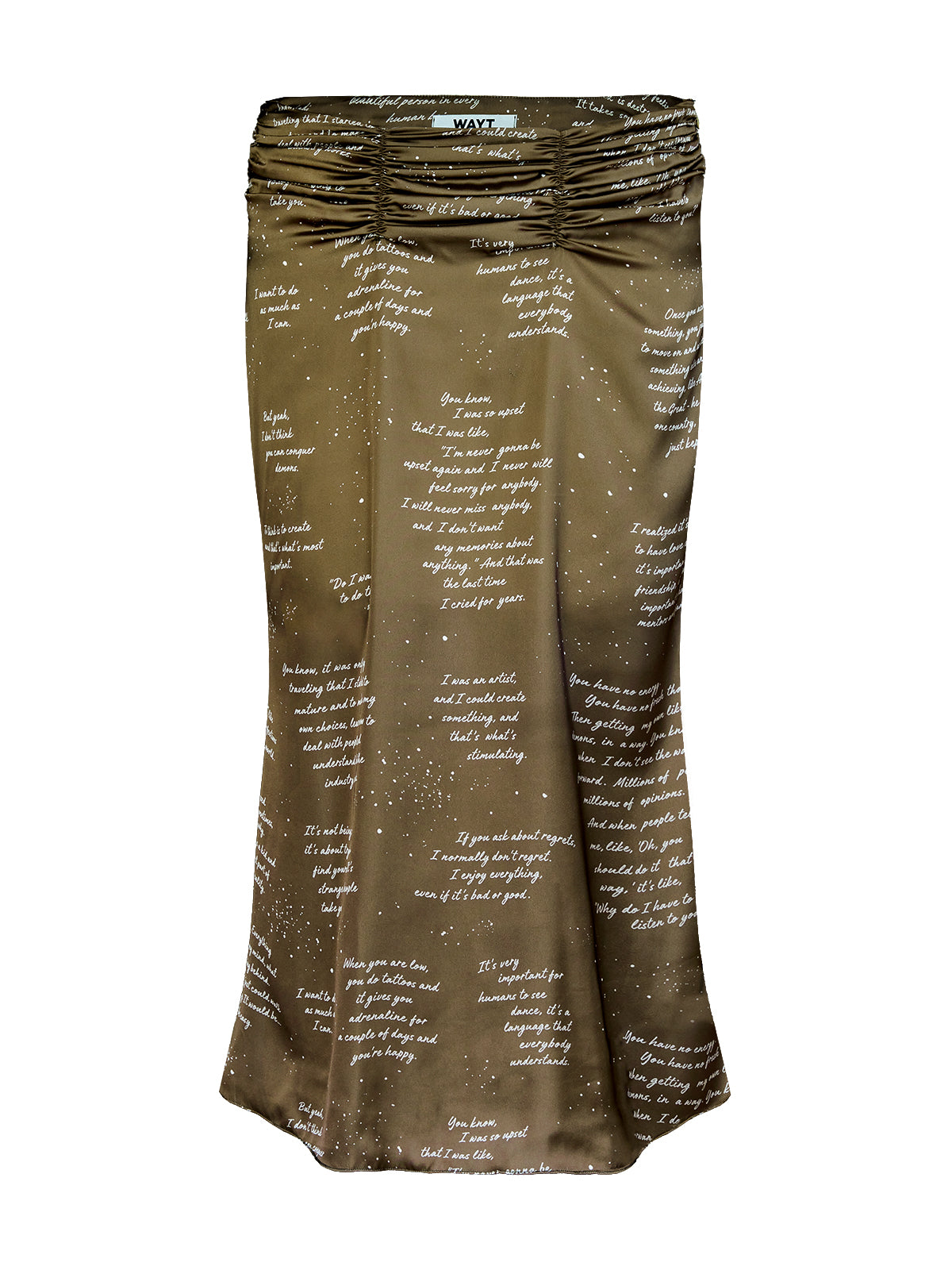 WAYT Pirouette yazı desenli saten midi etek, zeytin yeşili renkte, akıcı silüetiyle dekupe ürün görseli