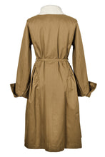 Görseli Galeri görüntüleyiciye yükleyin, Back view of WAYT Studio Grotesk Dreams Khaki Trench Coat showing the gathered waist and flared silhouette inspired by Renaissance tailoring.