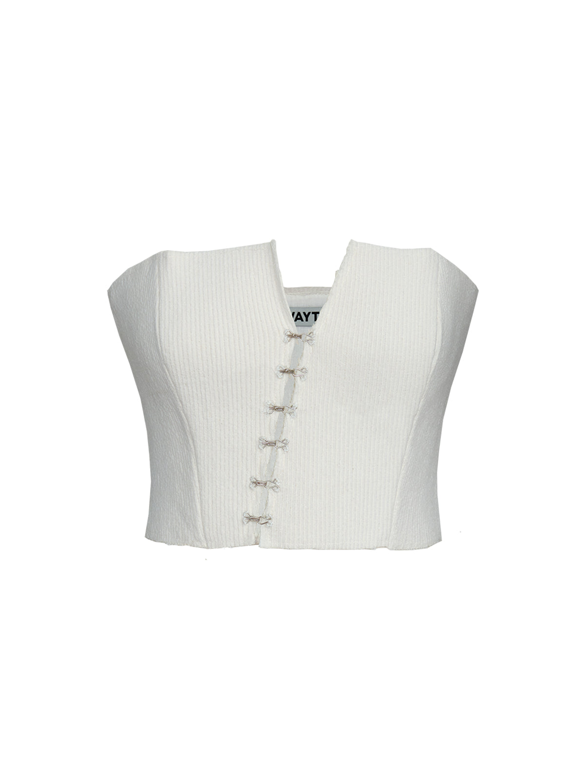 Kırık beyaz kancalı asimetrik crop korsenin ön dekupe görünümü