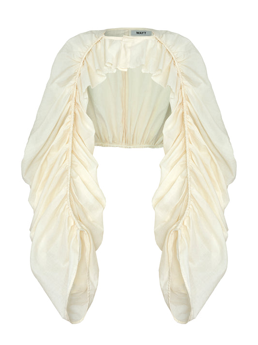 WAYT Cabriole büzgülü bolero, krem vual kumaştan — önden görünüm, dekupe ürün görseli