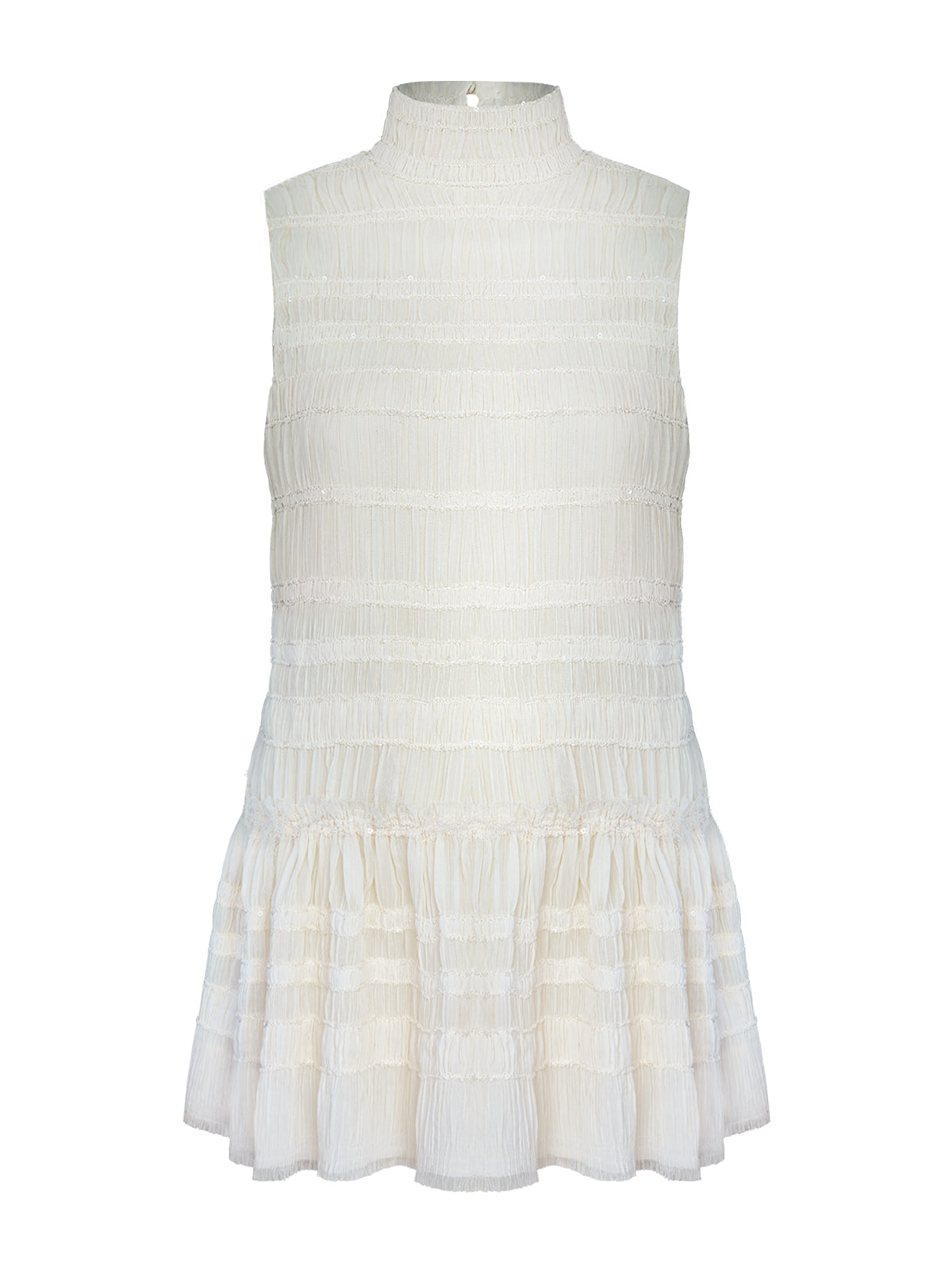 WAYT Échappé ekru şifon mini elbise – boğazlı, kolsuz, payet işlemeli, dekupe ürün görseli