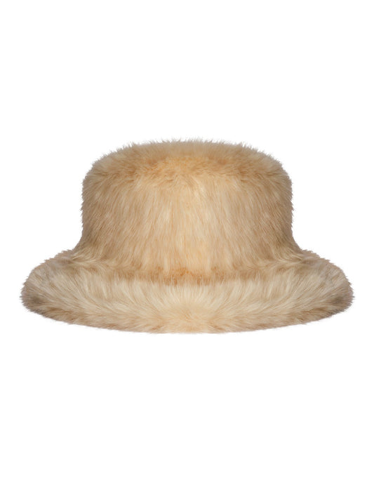 Yumuşak dokulu, bej-sarı arası tonlarda WAYT Studio'nun sanatsal aksesuar koleksiyonundan Polunin suni kürk şapka – dekupe ürün görseli.
