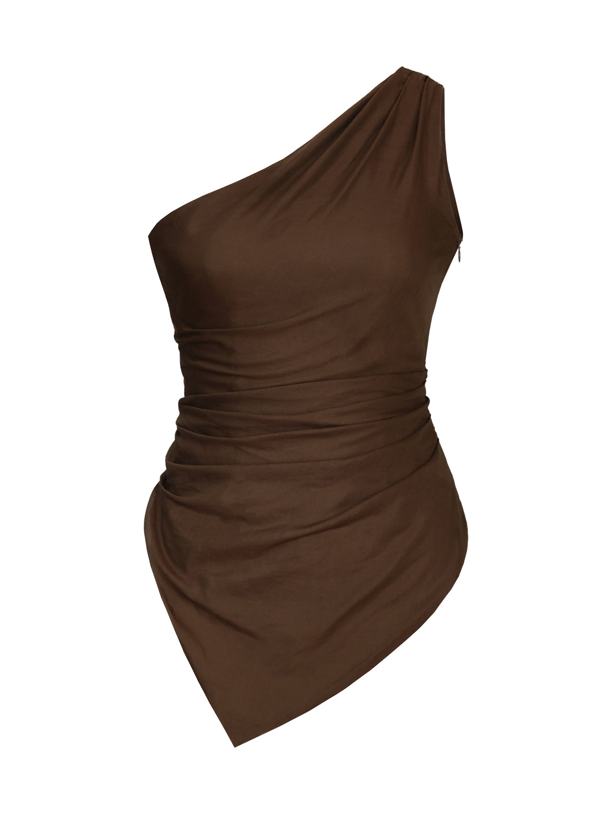 WAYT Silhouette tek omuzlu drapeli asimetrik bluz, çikolata kahverengi – dekupe ürün görseli