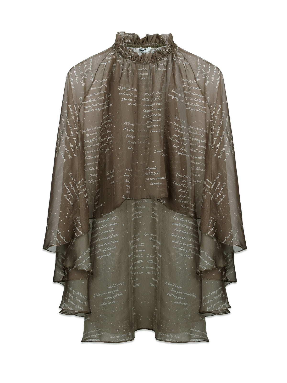 WAYT sheer chiffon blouse in olive green, lightweight fabric, cape silhouette