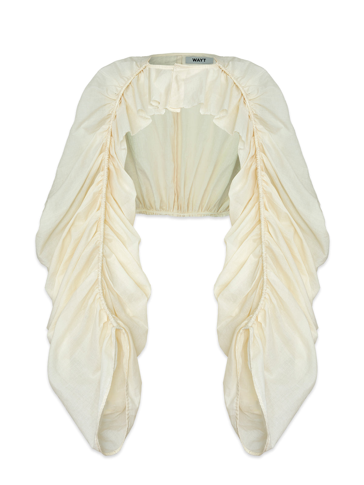 WAYT ruched bolero in cream, voile fabric, cropped silhouette