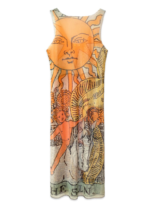 WAYT printed mesh dress in yellow, sheer fabric, fitted silhouette