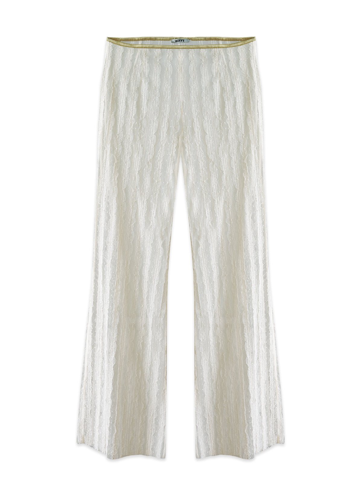 WAYT sheer lace pants in ivory, lightweight fabric, flared silhouette