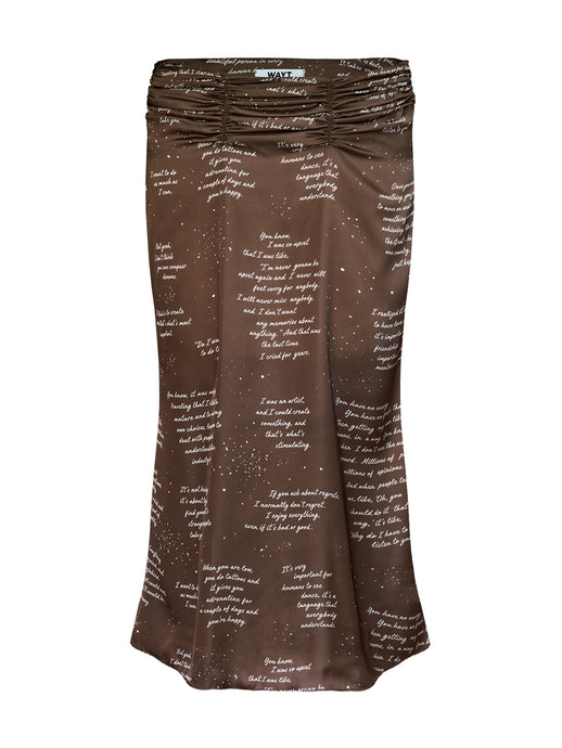 WAYT Pirouette kahverengi saten midi etek, Sergei Polunin el yazılı desenli, dekupe ürün görseli