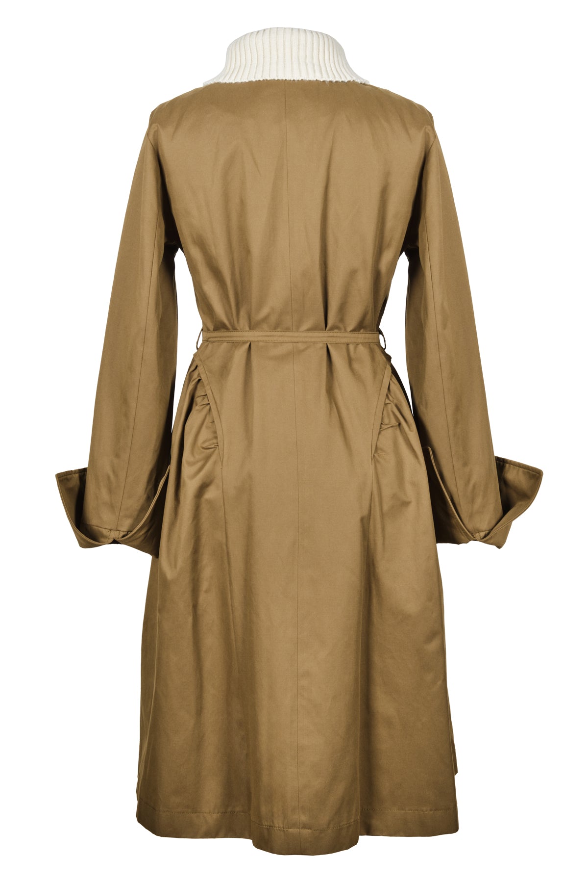 Back view of WAYT Studio Grotesk Dreams Khaki Trench Coat showing the gathered waist and flared silhouette inspired by Renaissance tailoring.