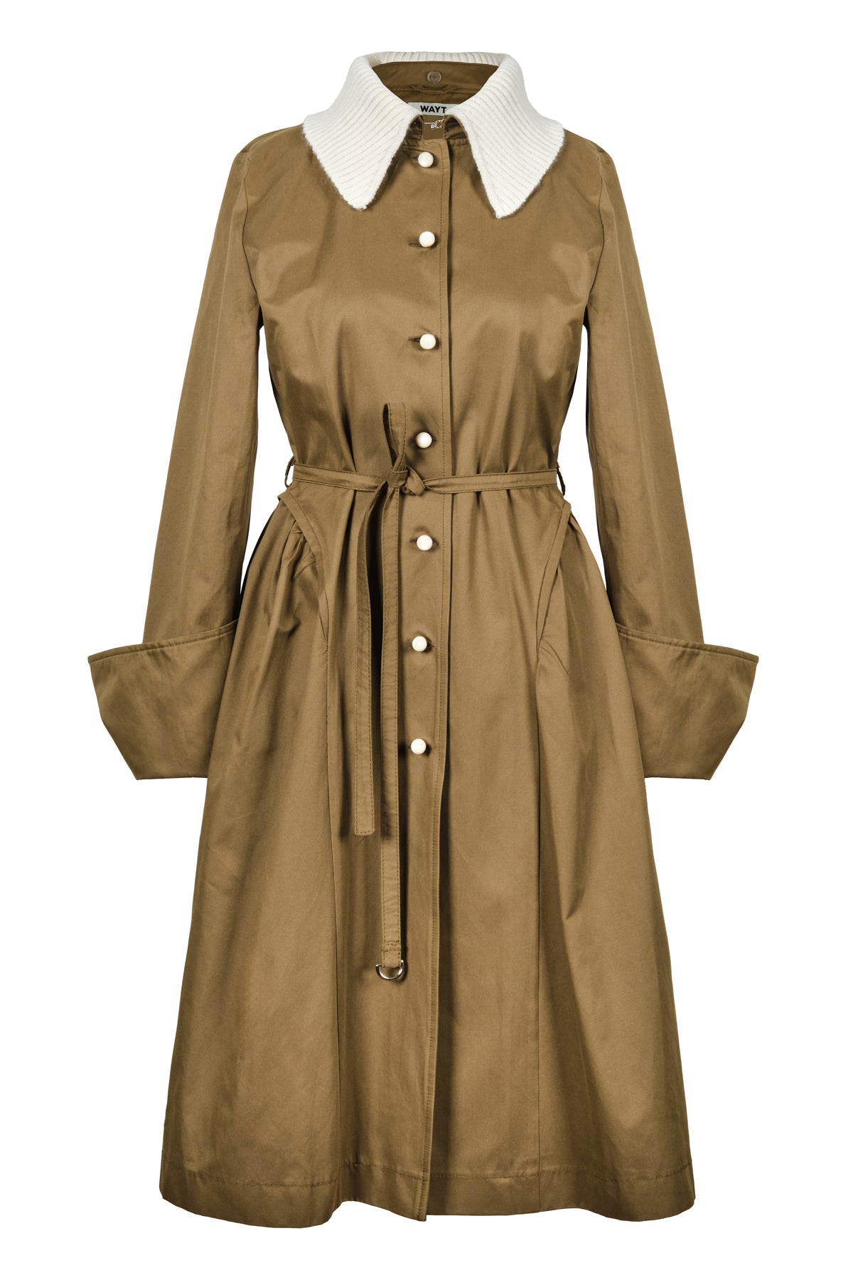 Front view of WAYT Studio Grotesk Dreams Khaki Trench Coat featuring a detachable cream knit collar, water-repellent gabardine fabric, and enamel buttons.